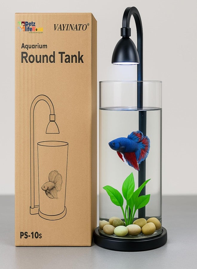 VAYINATO Mini Acrylic Desktop Fish Bowl PS-10 (Black/White) | 1.2L Capacity | 10cm Diameter × 20cm Height | Aquarium Bowl with Multi-Color Hanging LED Light | Ideal for Betta | Office & Home Decor - Image 1